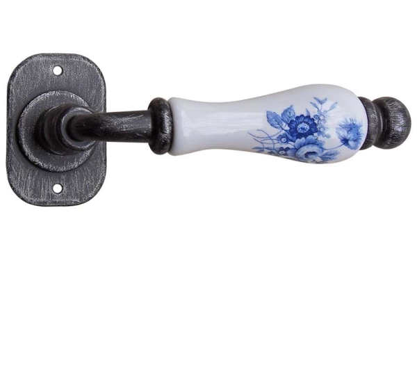 Klamka Atene 2610 z blokadą WC, porcelana biała kwiat niebieski