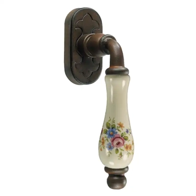 Klamka okienna Paris 2605, porcelana kremowa kwiaty wiosenne - kolor rdza starodawna