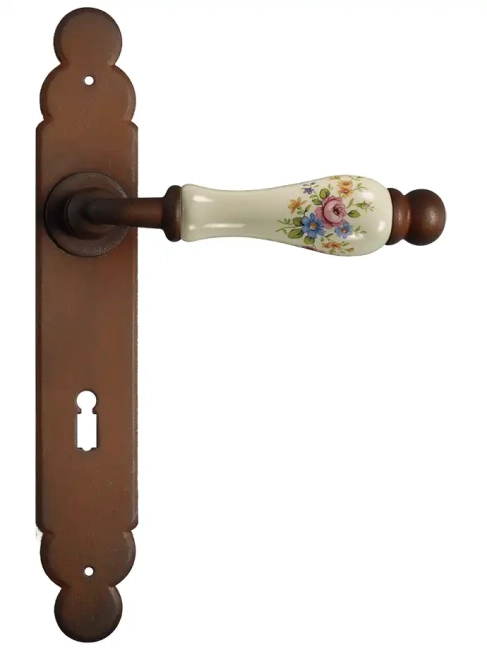 Klamka Dublin 1-09 z otworem na klucz, porcelana kremowa (kwiaty wiosenne)